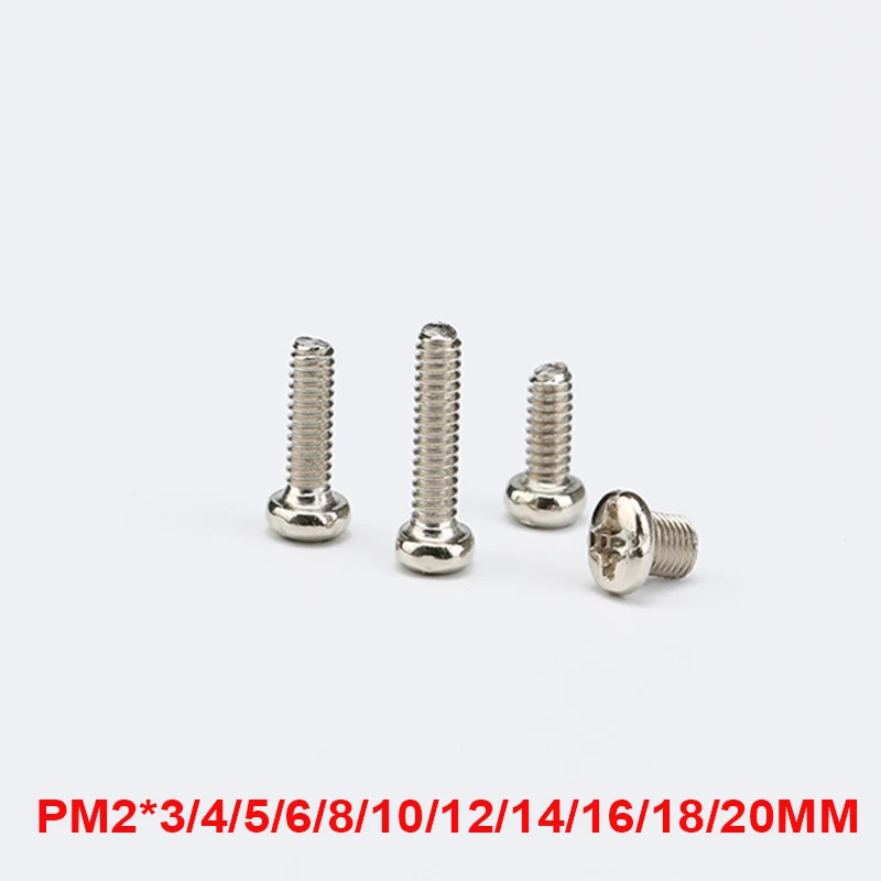 100 Pcs PM2 Mini Micro Small A2 304 Stainless Steel Cross Phillips Pan Head Screw Round Bolt PM2*3/4/5/6/8/10/12/14/16/18/20MM