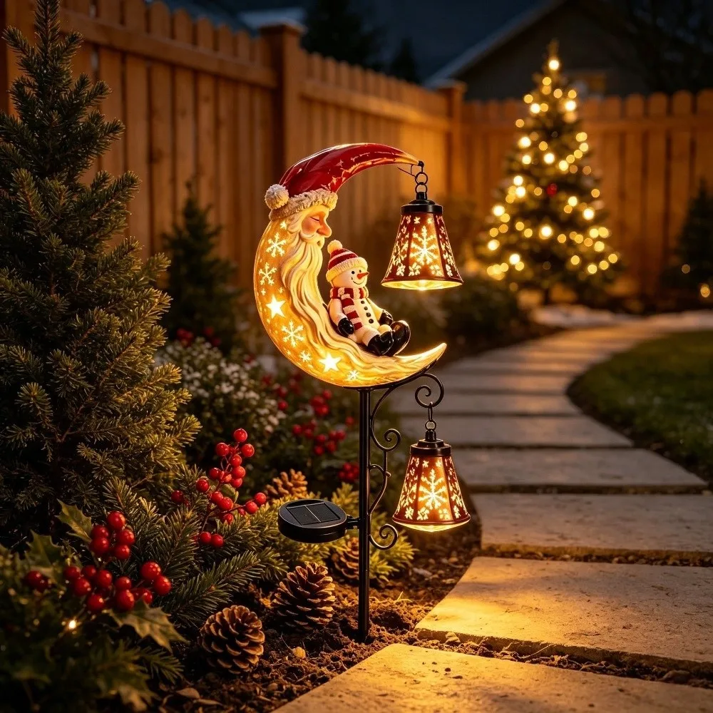 LED Glowing Christmas Moon Solar Stake Light with Bell Hollow Lantern Solar Santa Snowman Light Waterproof Iron Metal