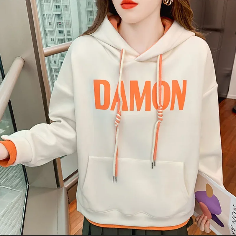 

Fashion Hooded Spliced Printed Letter Hoodies Female Clothing 2024 Autumn New Casual Tops Korean Fake Two Pieces Sweatshirts