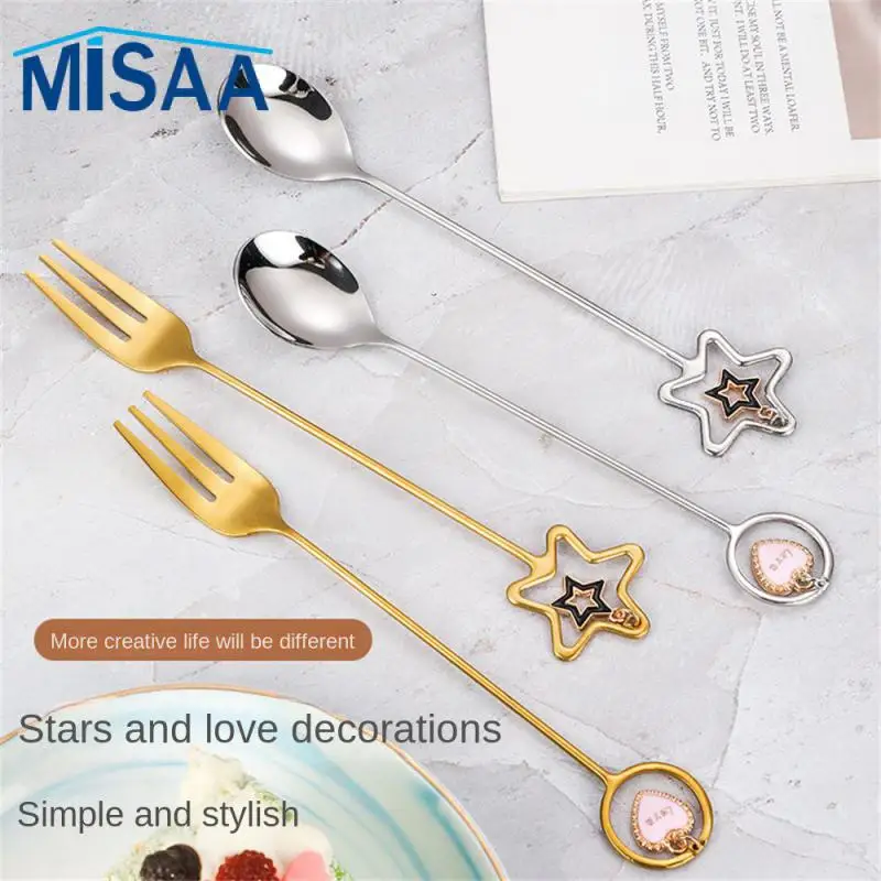 Fork Heart-shaped Pendant Stainless Steel Dessert Fork Mixing Stirring Teaspoon Tableware Fruit Fork Five-pointed Star Spoon