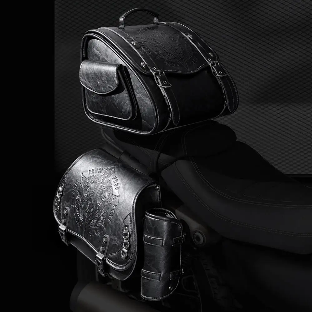 Retro Pressure Flower Motorcycle Hanging Bag Pu Leather Knight Modification Bag for Multi Model Universal Medieval Steampunk