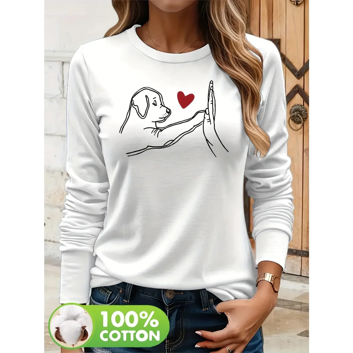Grafisches Damen-Langarm-T-Shirt aus 100% Baumwolle mit lustigem Hundeherz-Pfotenabdruck, lässiges Allwetter-Oberteil für Tierliebhaber, süßes T-Shirt – Detail 2