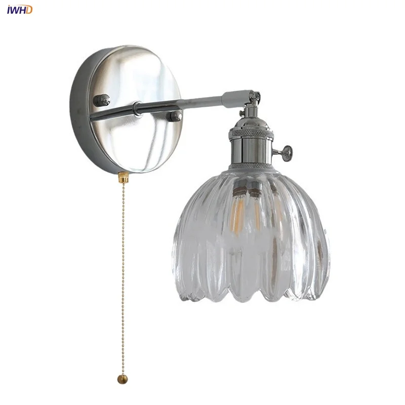 IWHD Pull Chain Switch LED Wall Lamp Dining Room Aisle Bar Up Down Rotate Clear Glass Iron Bathroom Stair Mirror Light Lamparas