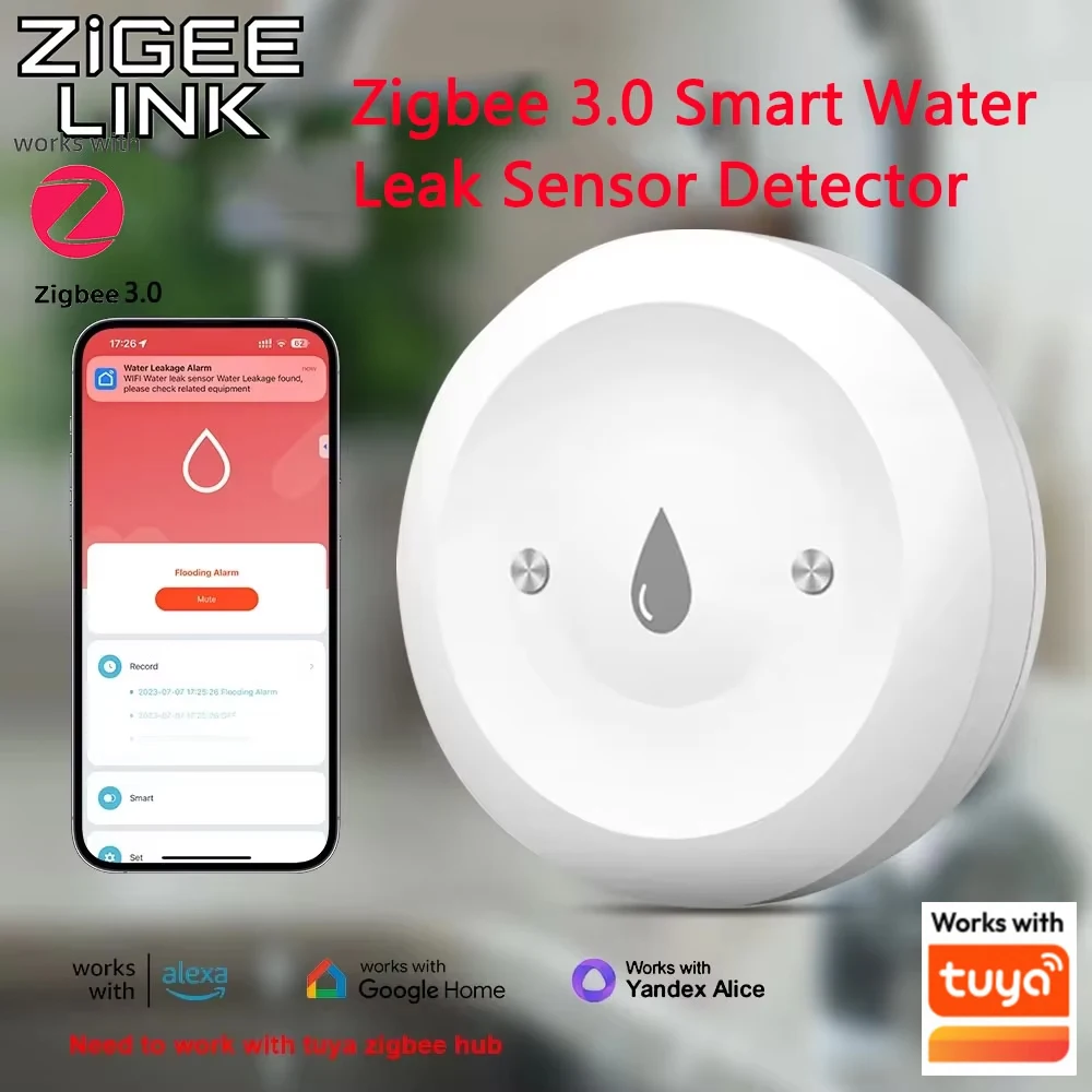

Smart Zigbee Water Leak Detector App Remote Alarm Sensor Home Security Flood Leakage Alert Compatible with Tuya Alexa Assistant