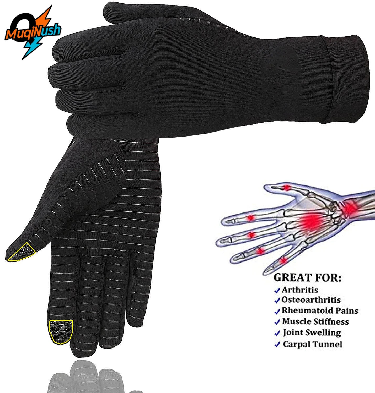 

MuqiNush 1/2 Pairs Copper Compressive Gloves Smart Touch Full Finger for Hands Pain Carpal Tunnel Relief Black Running Music