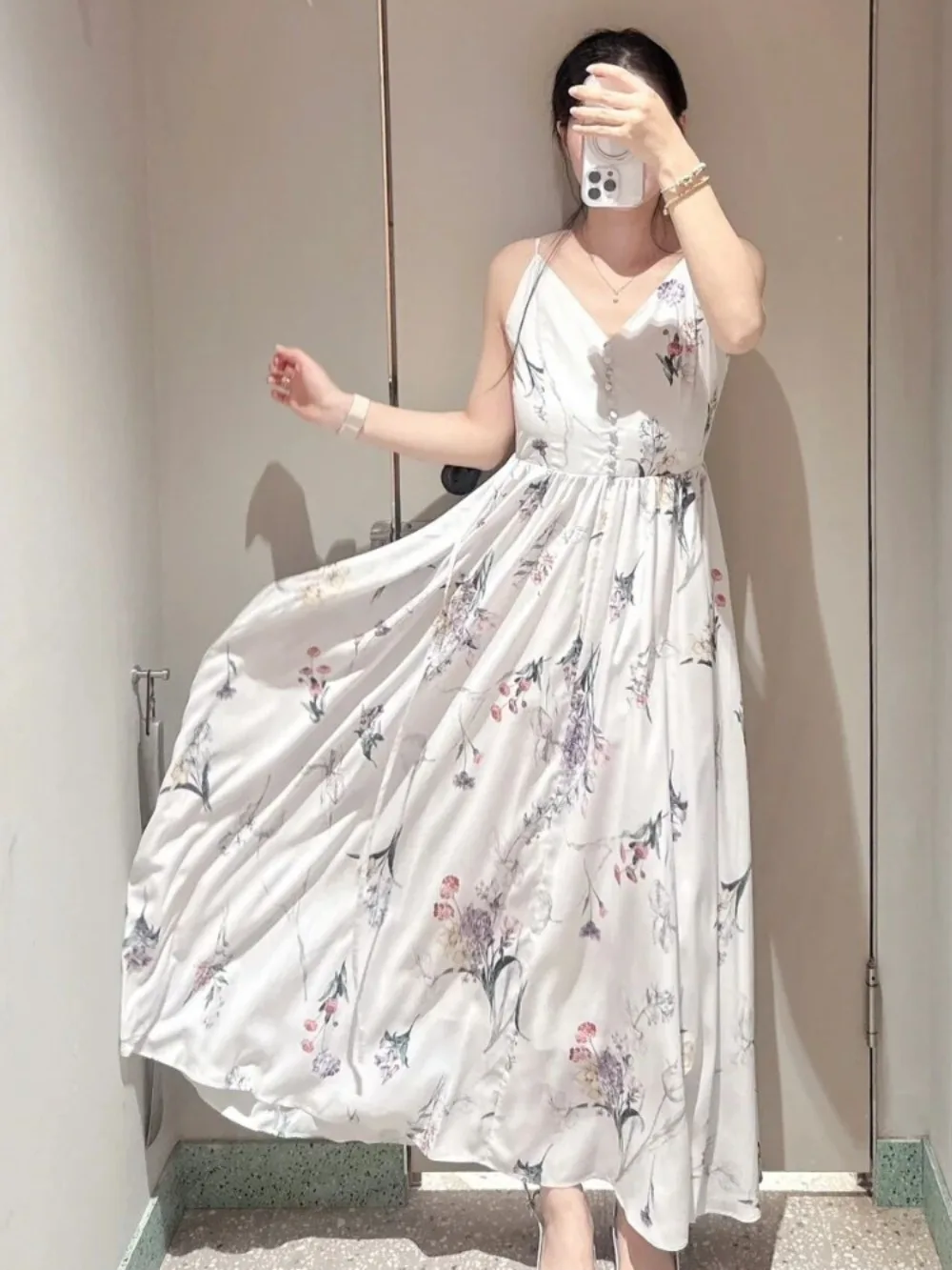 

Kuzuwata New Temperament Moda V Neck Robe Print Sling Slim Waist Ruched Vestido Japan Big Swing Minority Mid-length Casual Dress