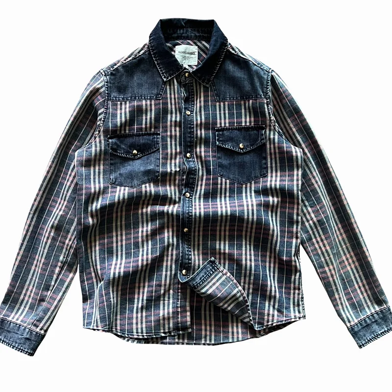 

American Vintage Casual Colors Striped Patchwork Denim Shirts for Men Stylish Spring Autumn Clothes Y2k Youth Male Tops Quality
