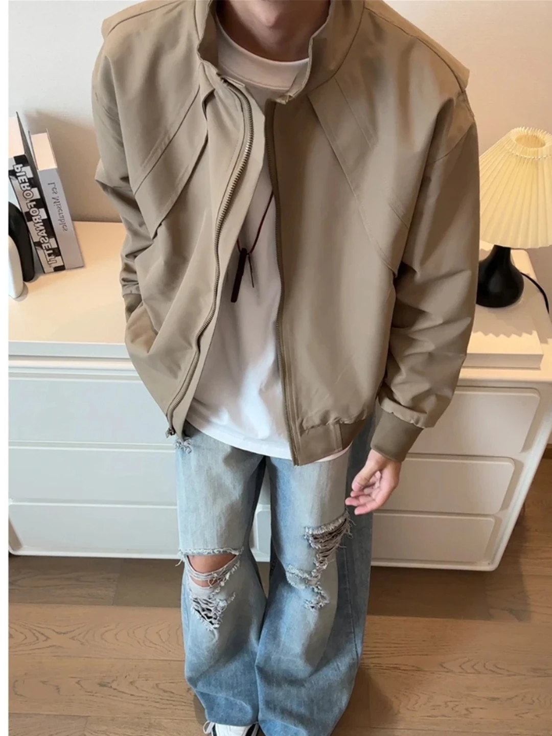 

Khaki Deconstructed Jaet Men's Spring Outdoor Functional Stand Collar Downproof Oversized Workwear Jaet Youth Trendy