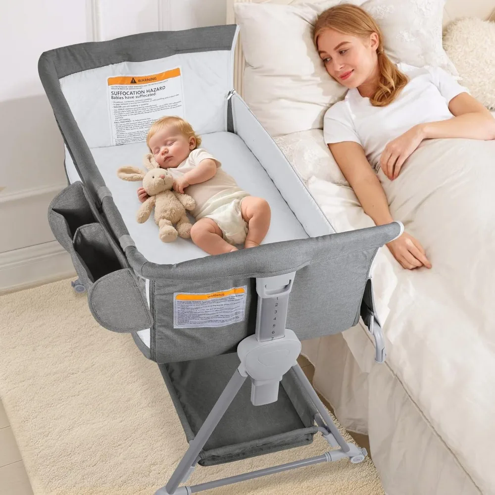 Baby Bassinet, Bedside Sleeper for Baby, 7 Height Adjustable Bedsides Bassinet with Wheels, Bedside Crib with Large Storage Bag