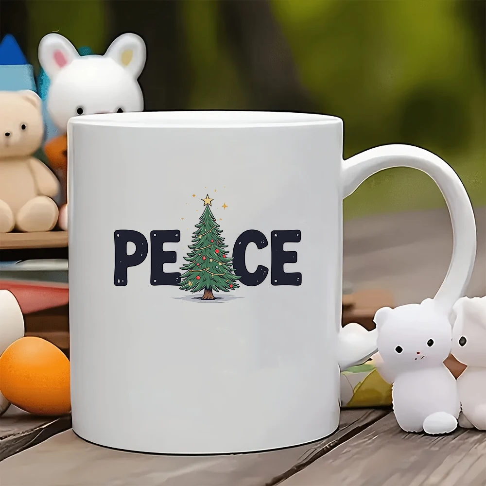 Taza de 11oz + patrón de nubes de árbol de Navidad + decoración de letras de PEACE, regalo de Navidad, taza de agua para niños, taza de café para oficina familiar