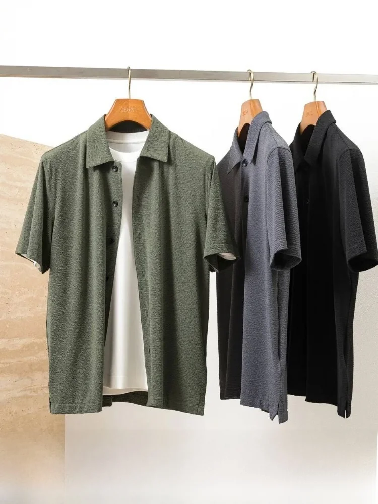 

Cool Sensation Men's Summer New High-End ort Sve Bubble irt Cardigan Breathable Casual Sle Nylon Fabric Air Conditio...