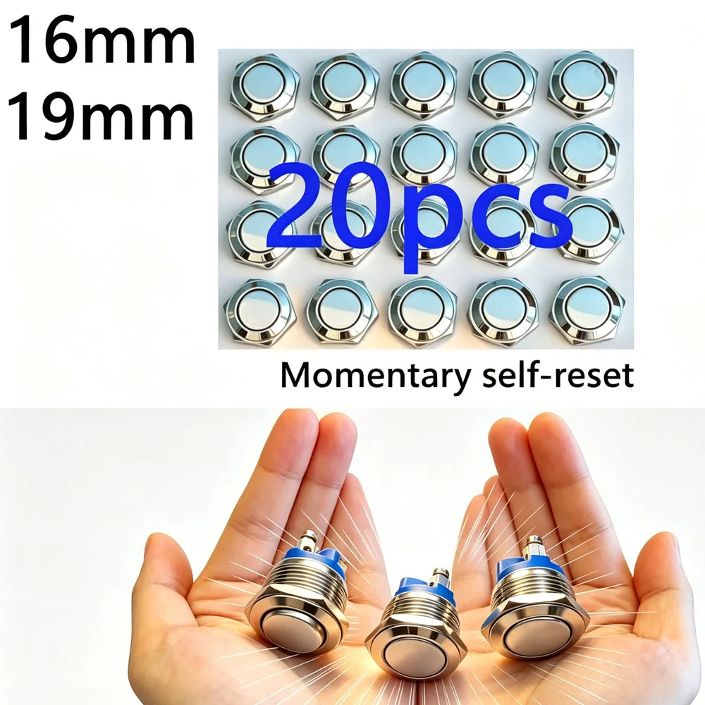 20pcs 16mm 19mm Metal Push Button Momentary Self-Reset Screw Terminal Waterproof Flat High Head Metal Doorbell Control Switch