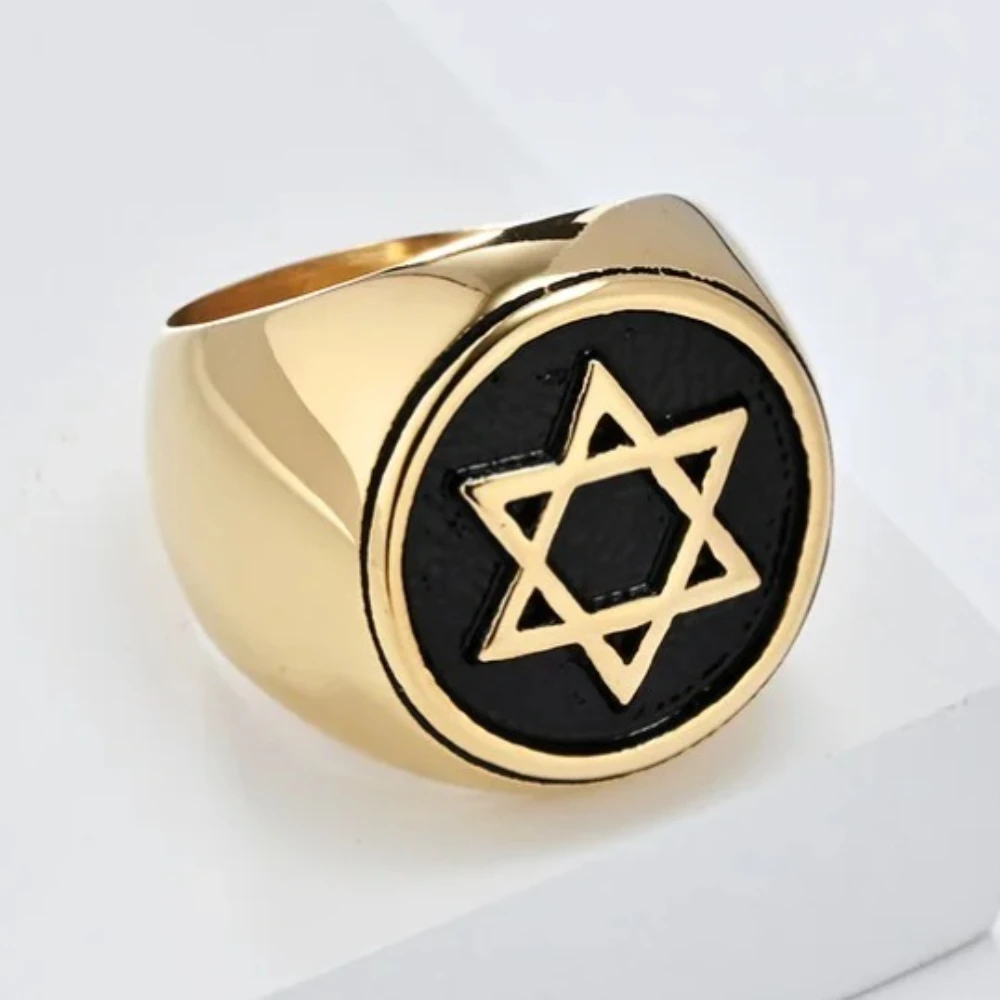 New Retro Large Satellite Hexagonal Titanium Steel Ring for Men Solomon Seal Finger Talisman Jewelry Father Friend Birthday Gift