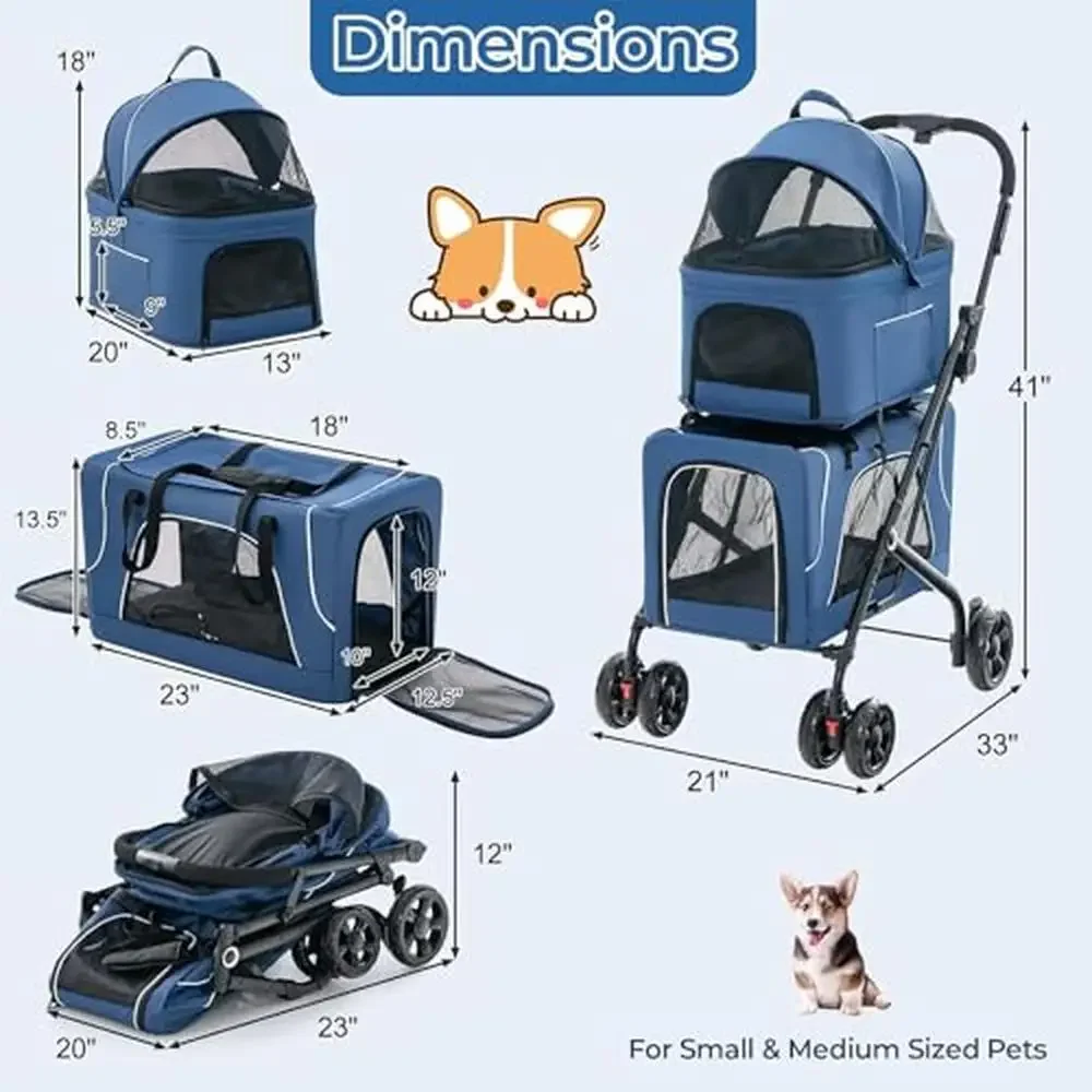 Foldable Double Dog Stroller 3-in-1 with Detachable Carriers Safety Belt Washable Cover 360° Wheels