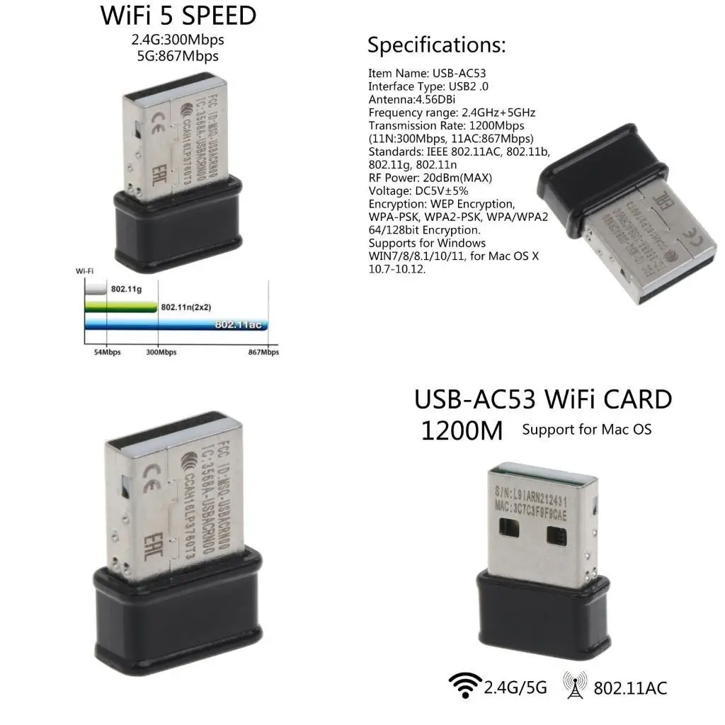 

652F USB-адаптер локальной сети 2,4 ГГц/5 ГГц USB-AC53 для адаптера WiFi Беспроводная сетевая карта