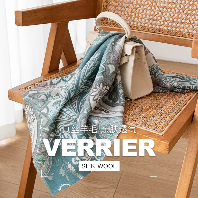 Blue cashew flower twill silk wool silk scarf 65cm large square scarf spring and summer thin air conditioning shawl lady