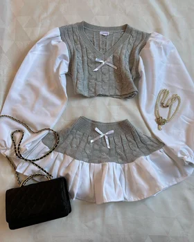 Harajuku Nieuwe Rok Sets Zijn Mode Sexy Tweedelige Sets Damesoutfits Boog Gebreide Lange Mouwen Kawaii Minirok met Crop Tops