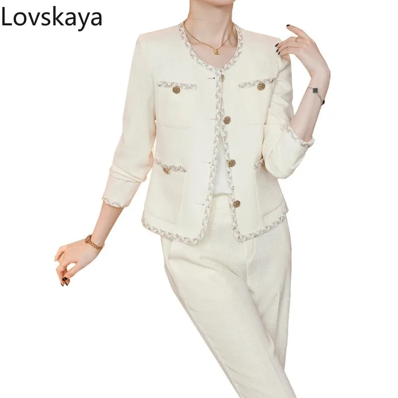 

Female O-Neck Jacket Trouser Business Work Wear 2 Piece Set Beige Women Casual Blazer and Pant Suit For Autumn Winter