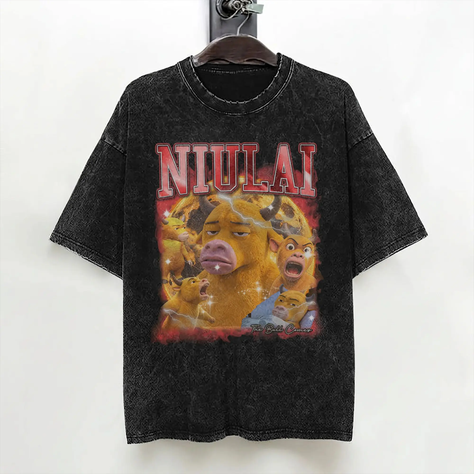 Niu Lai Funny Bull Meme T Shirt Washed 100% Cotton Street T-Shirts  Vintage for Men Women Streetwear Summer Tops Tees