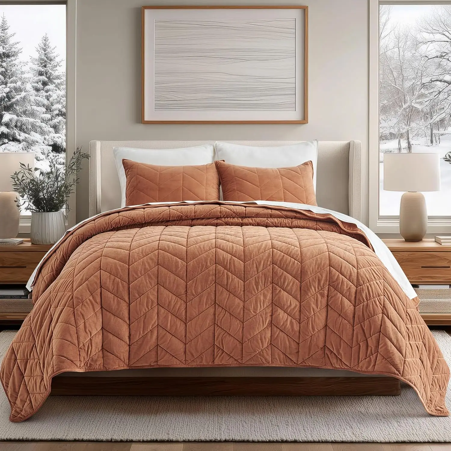 

3-Piece Velvet King Quilt Set, Ultra Soft Lightweight Comforter with Shams, All-Season Bedspread in Burnt Orange, 108x96 Inches