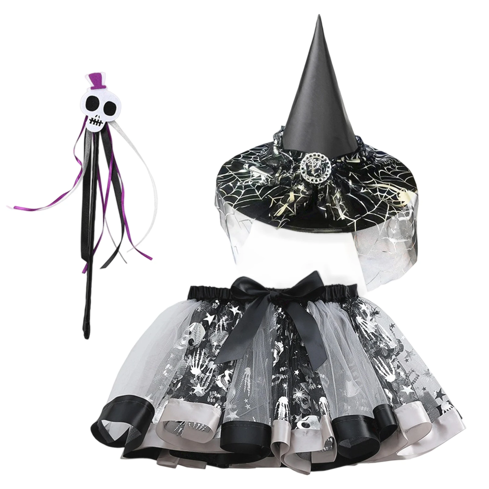 Witch Costume Accessories Set for Girls Spider Mesh Witch Hat + Skull Wand + Mini Skirt Halloween Cosplay Outfit