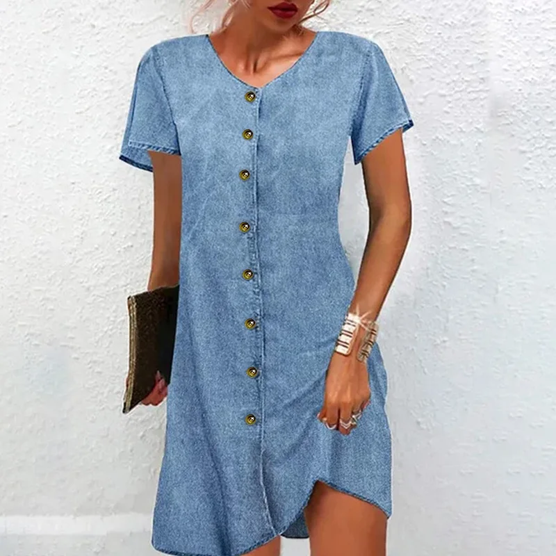 

2025 New Style Denim Summer Women's Loose Fit Shirt Dress C001