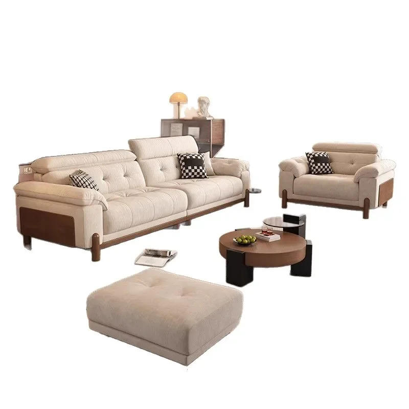 

Cream antique solid wood cloud fabric sofa living room small apartment