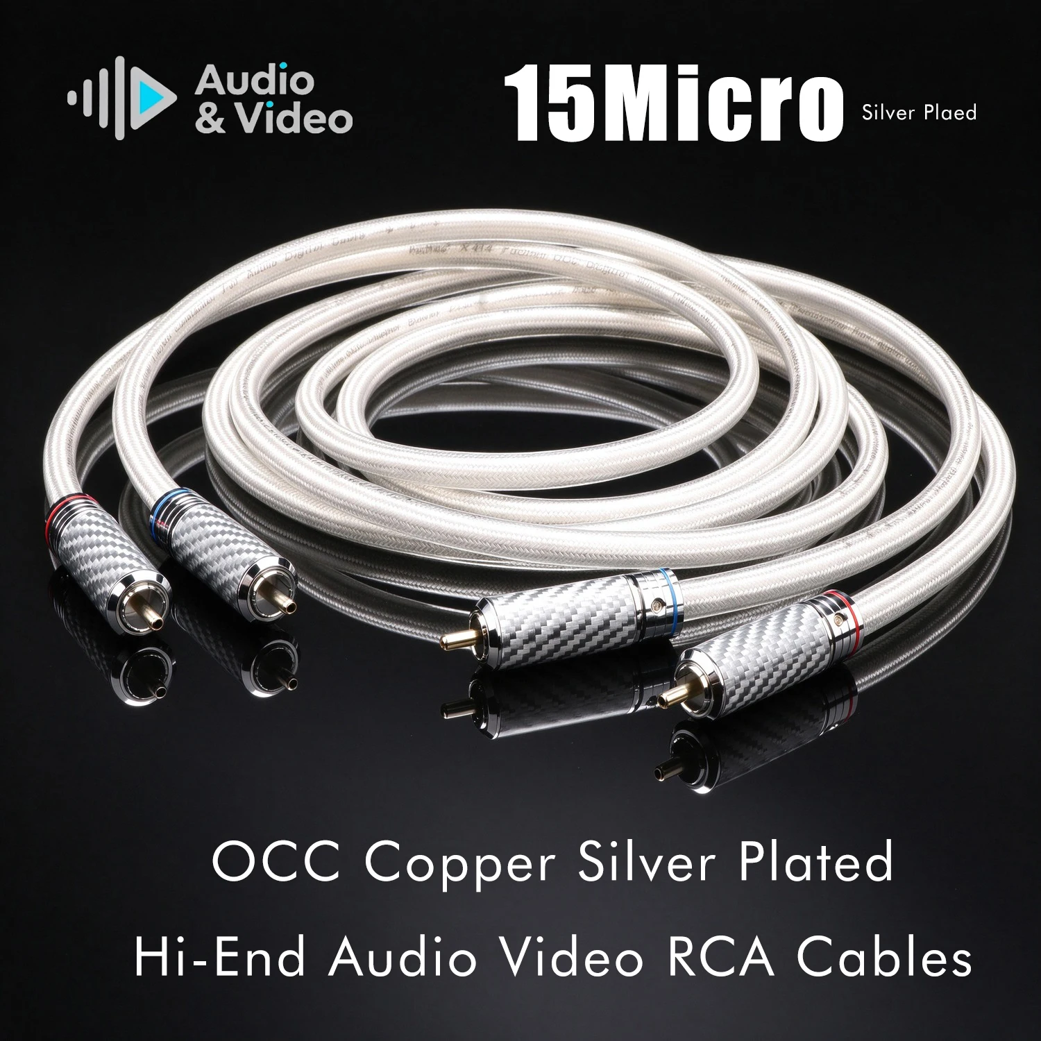 Paar RCA-Kabel 7N OCC Versilbertes RCA-Audiokabel mit Kohlefaser-Rhodium-beschichtetem RCA-Stecker für Verstärker