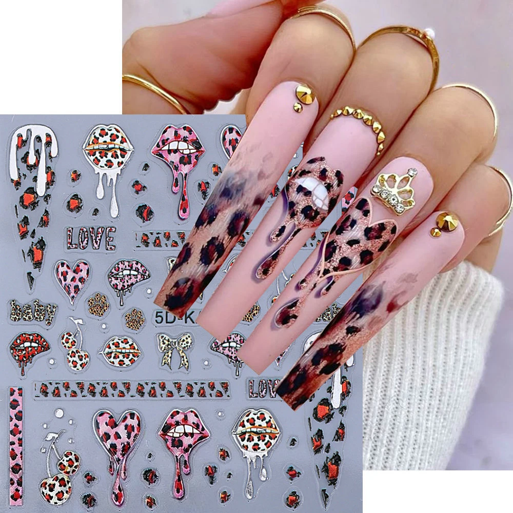 5D Pink Sexy Leopard Lips Valentine's day Nail Art Stickers Leopard Print Heart Mouth Bow Nail Decals Valentines Nail Supplies*1