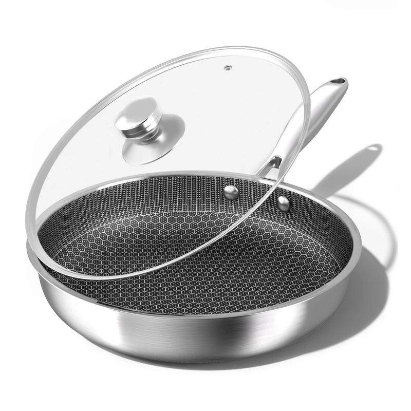 

Stainless Steel Frying Pan,Nonstick Skillet,Chefs Pans with Lid,Honeycomb Pot Kitchen Cookware Induction Cooker Gas Stove Wok