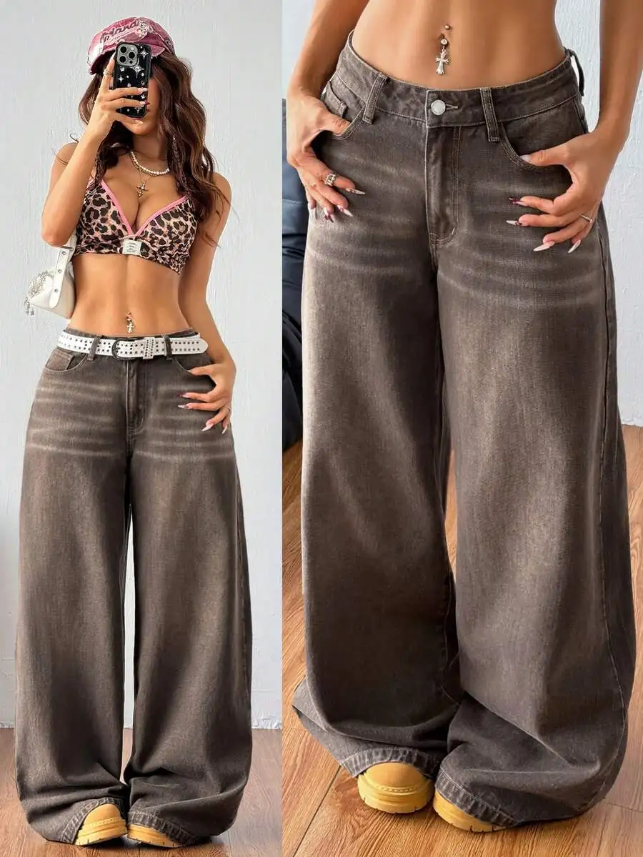 

Женские джинсы с высокой талией и широкими штанинами, свободные повседневные джинсовые брюки с карманами, в уличном стиле