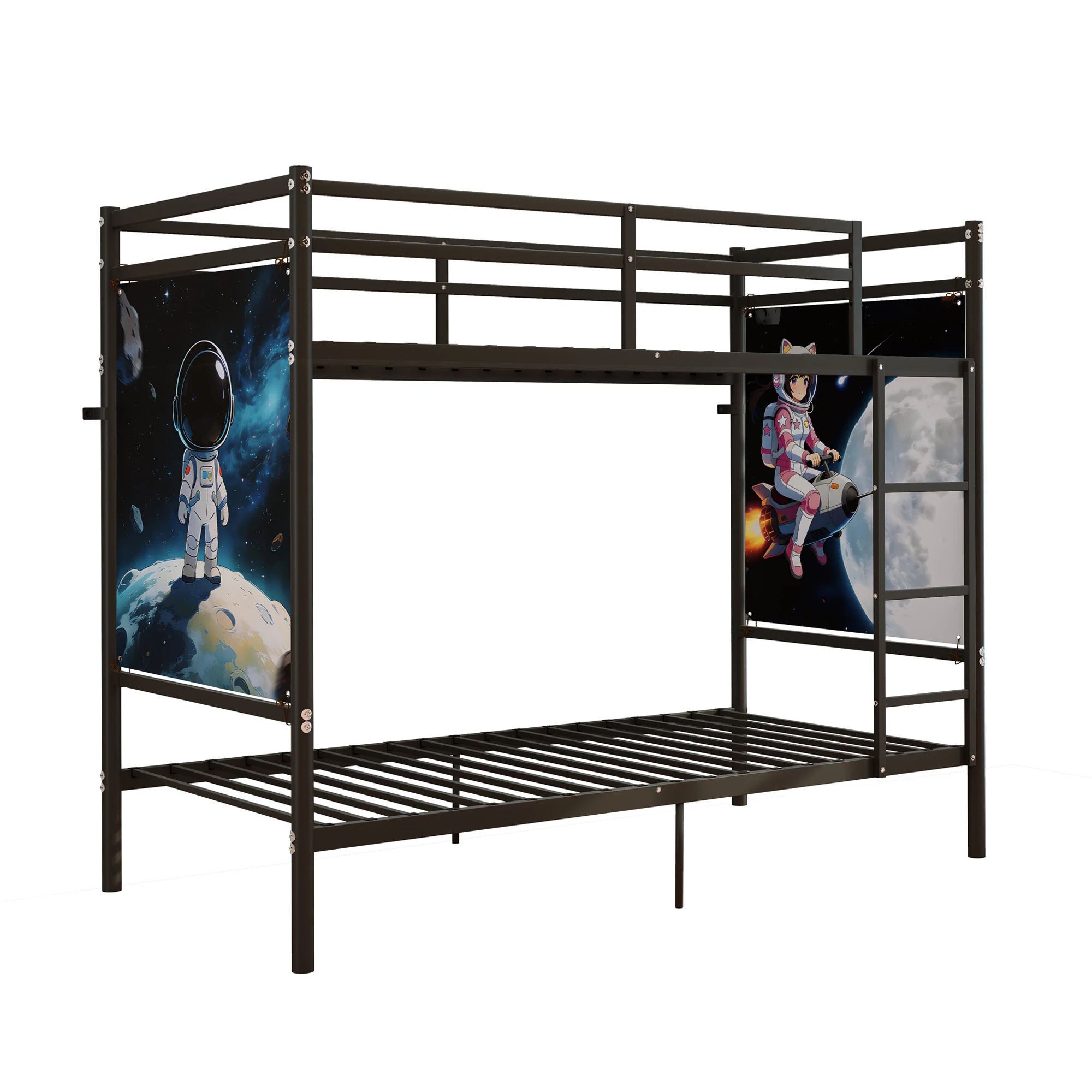 Black Twin Over Twin Metal Bunk Bed with Ladder, Heavy-Duty Frame Supports 400+ LBS, Bonus Posters, Storage Space