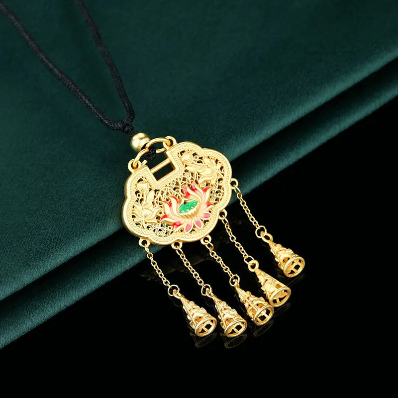 Chinese Style Ancient Gold Plated Lucky Lotus Safety Lock Tassel Series Pendant Retro Han Chinese Clothing Necklace for Women