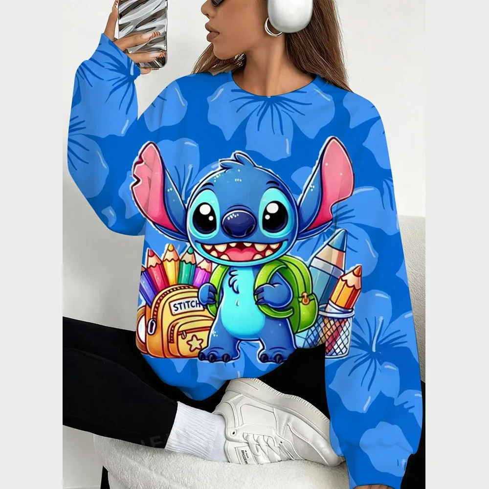 بلوفرات عصرية من سلسلة ديزني للنساء، بلوزات برقبة دائرية مطبوعة ومريحة، ملابس نسائية