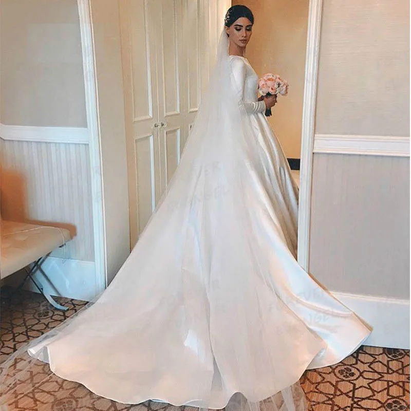 Simple Muslim Wedding Dresses Woman's A Line Formal Long Sleeve Bride Gowns Satin Princess Vestidos De Novia Robe Customized