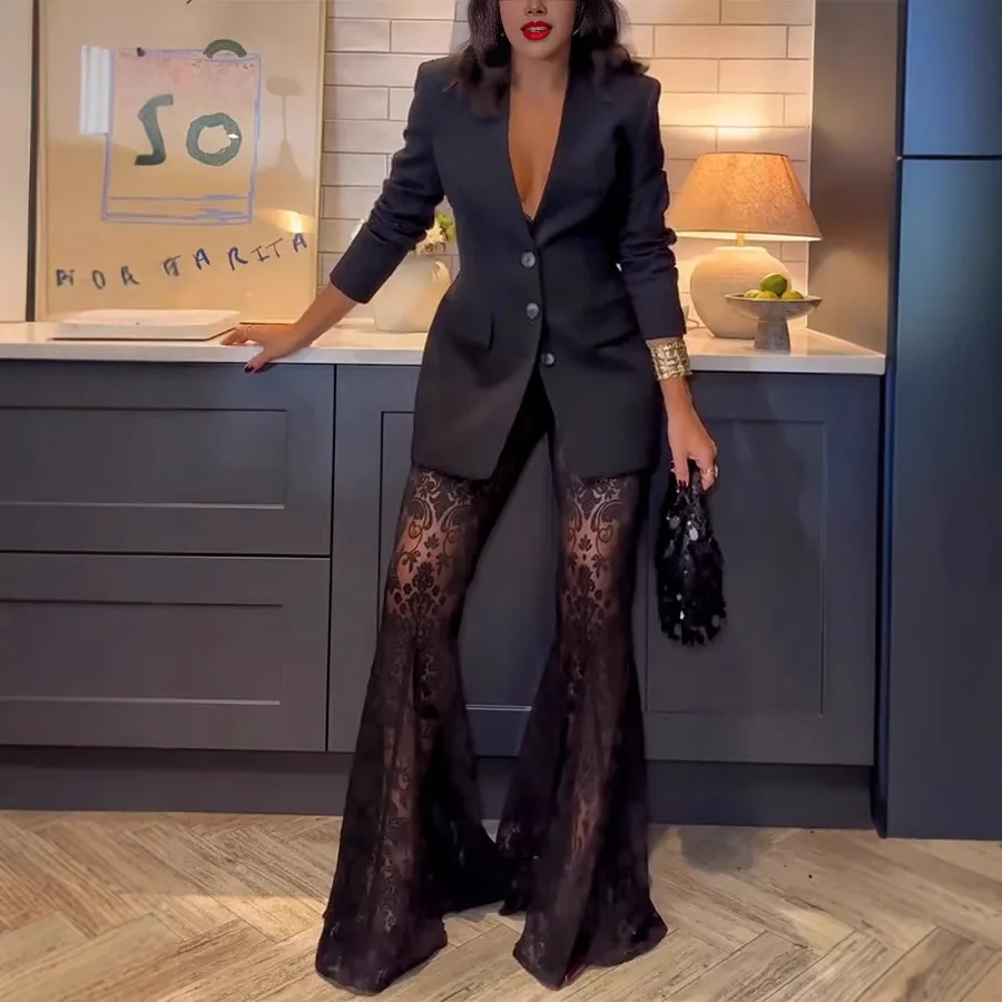 

2025 Spring Deep V Neck Sexy Lace Trousers Set Women's Hollow Suit Jacket and Pants Two-Piece Set Office Women Trousers Set INS