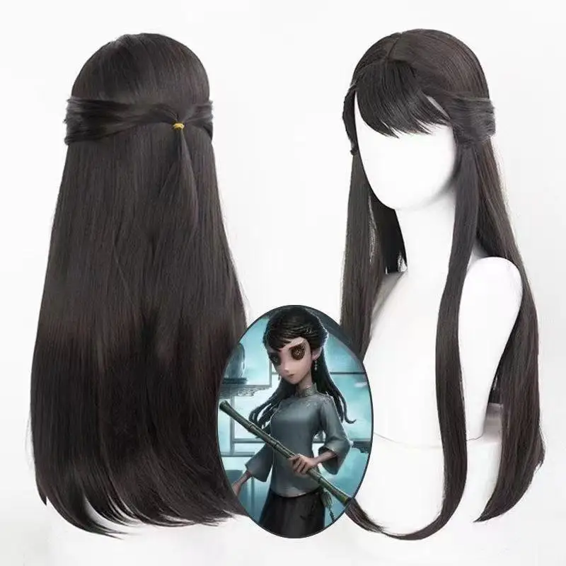 

1 black diagonal bangs long straight hair game role-playing fifth personality antique merchant cos wig