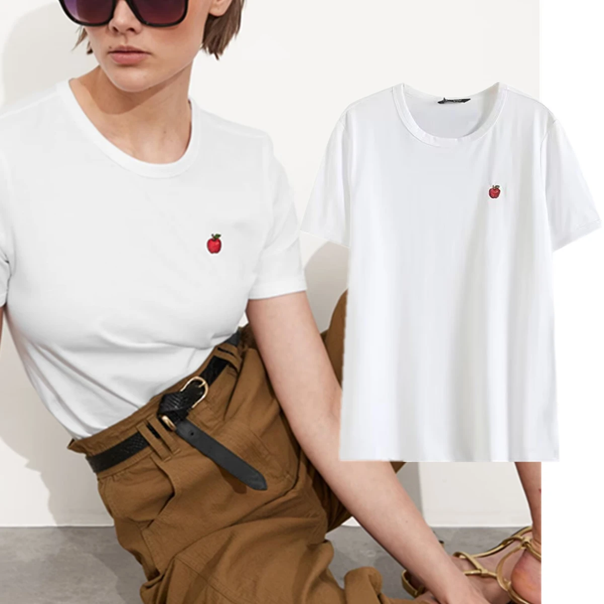 

Jenny&Dave Summer Tshirt Women Simple Casual Top Apple Embroidered White Cotton Fashion T-shirts