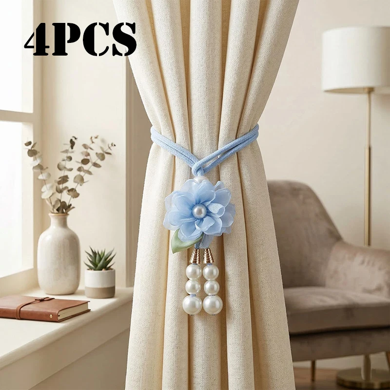 4PCS Faux Pearl Flower Curtain Tiebacks Adjustable Decorative Curtain Holdbacks for Drapes Bedroom Living Room Home Decor