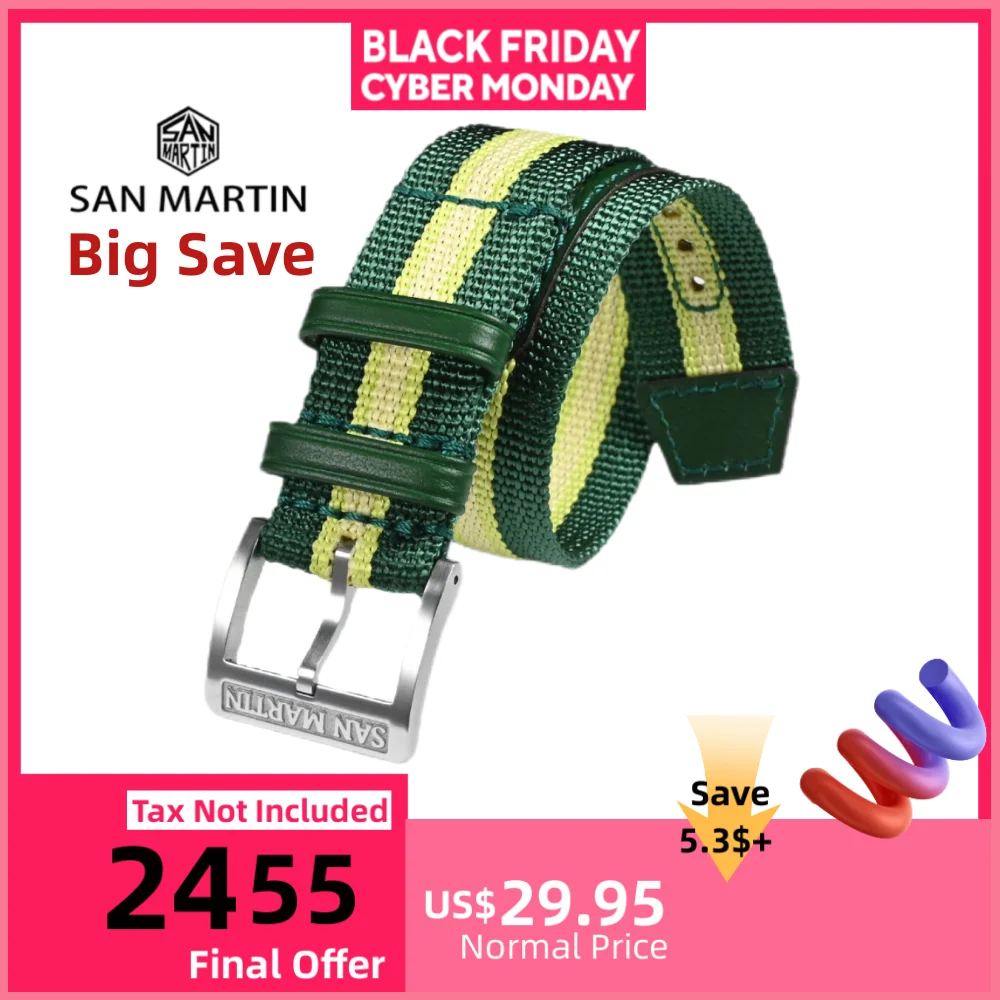 

San Martin One Piece Watchband 20mm Leather Nylon Strap Pin Buckle One Piece Contrast Color Band Fashion ремешок Correa SN0116