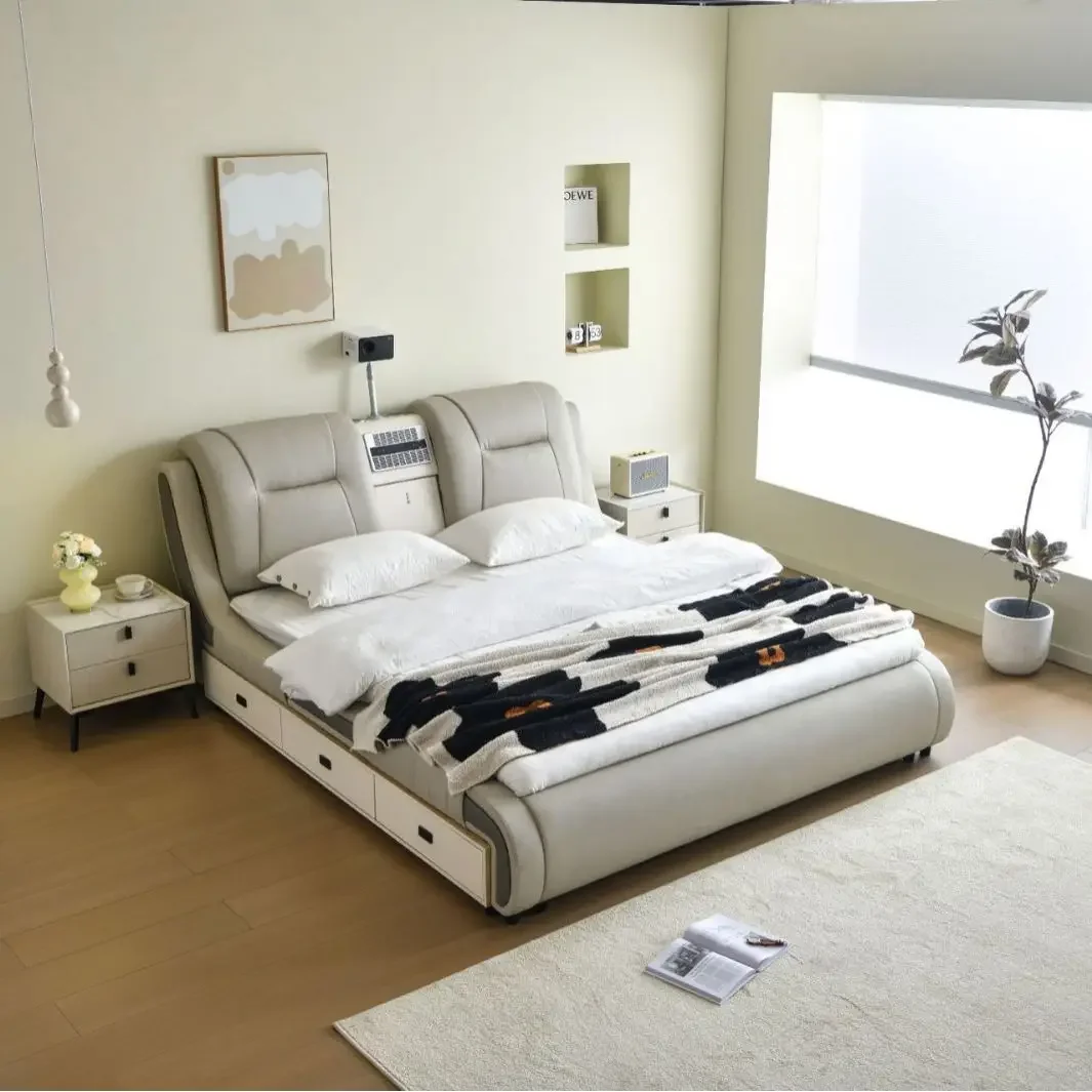 

Современный комплект двуспальной кожаной кровати размера «queen-size», мебель для дома, роскошная деревянная многофункциональная умная кровать размера «king-size» для спальни