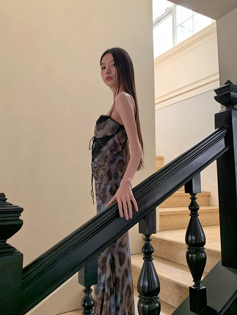 CHEERART Leopard Print Bodycon Long Dress 2025 Woman Summer Bandage Lace Tunics Ladies French Maxi Evening Dress Clothes