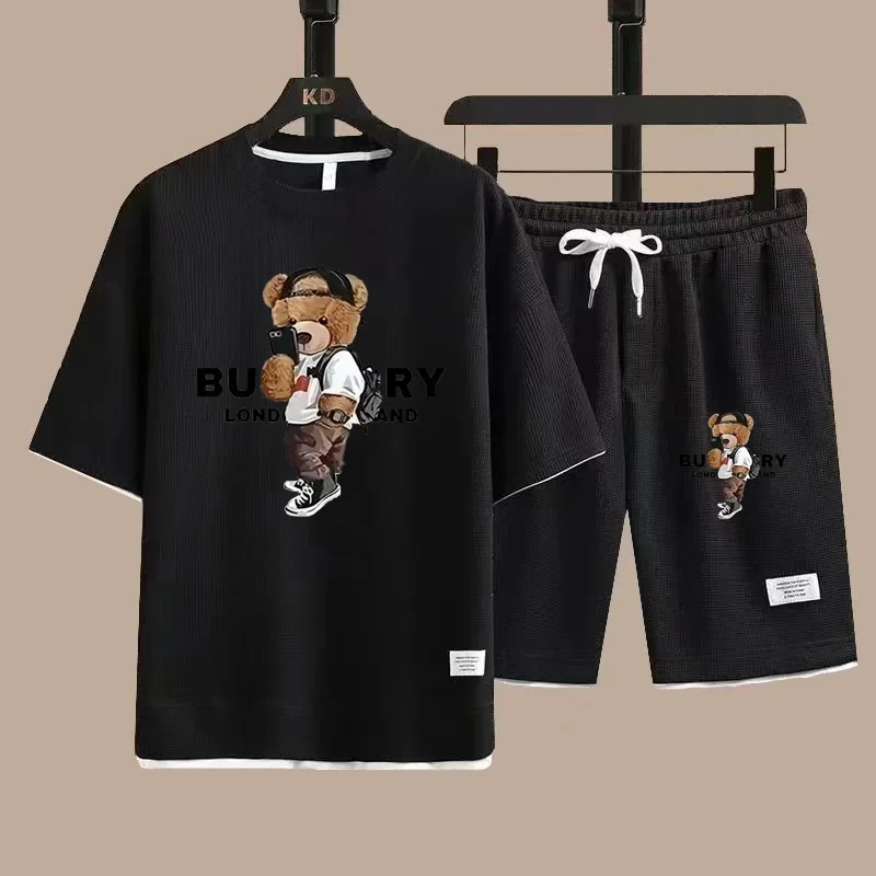 2024 Summer Men's Sports Wear Linen Fabric Bear Printed T-shirt+Shorts 2 Piece Set for Man Fashion Breathable 3XL Free Shipping