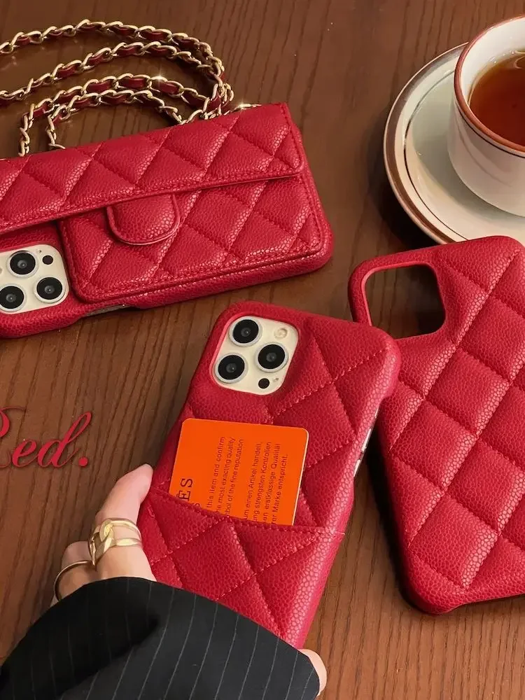 Luxury Lambskin Leather Card Holder Crossbody Long Chain Bags Red Phone Case Cover For iPhone 16 15 14 13 12 Pro Max