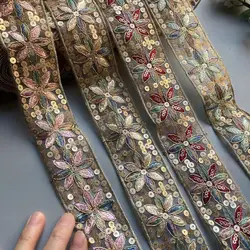1 Yards White Black 45mm Ethnic Gold Thread Sequins Webbing Ribbon Tape Shoes Dress Embroidered Lace Trims DIY Sewing Accessorie