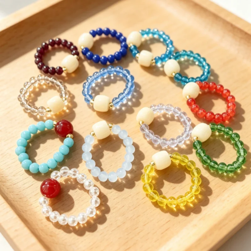 Hand-Woven Rings of Various Types, with Different Colors of Crystal, Pearls, and Bodhi Beads Interwoven