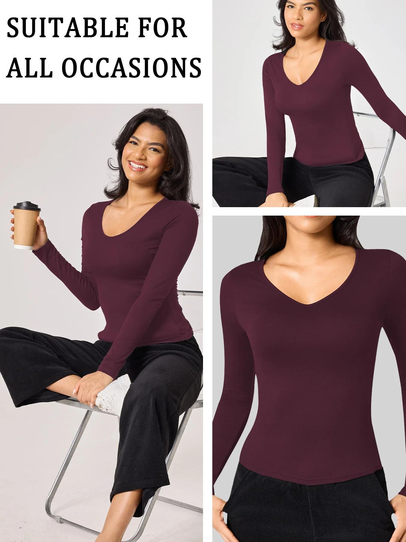 Women's Long Sleeve T-Shirt. Super Soft Workout Running Yoga Athletic V-Neck Tee image 3