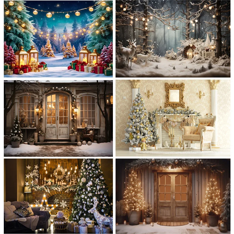 

Christmas Day Photography Backdrops Prop Fireplace Window Winter Xmas Tree Decoration Flower Garland Wood Door Background JU-07