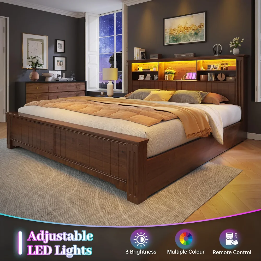 King Size Storage Platform Bed Headboard 4 Drawers LED Lights & Charging Ports No Box Spring, Custom