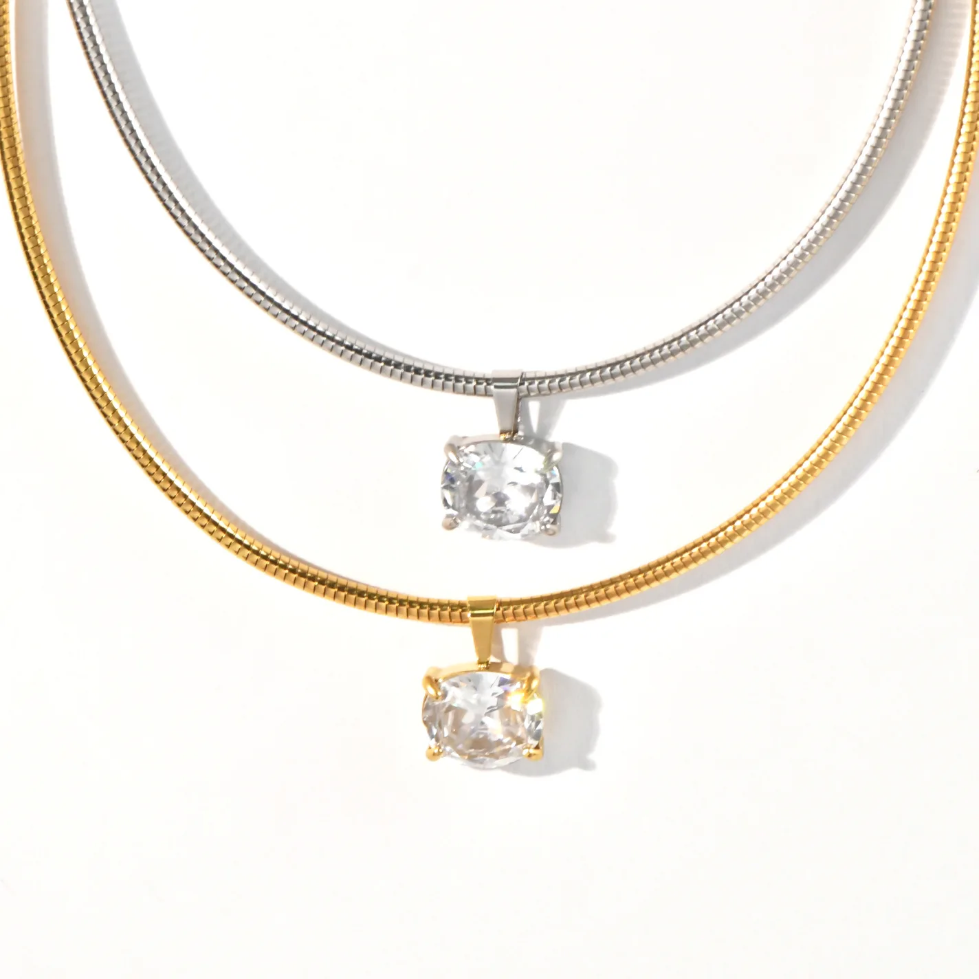Stainless Steel 18k Gold Plated Spring Collar Choker Oval Heart Square Zirconia Pendant Necklace for Women Tarnish Free Jewelry